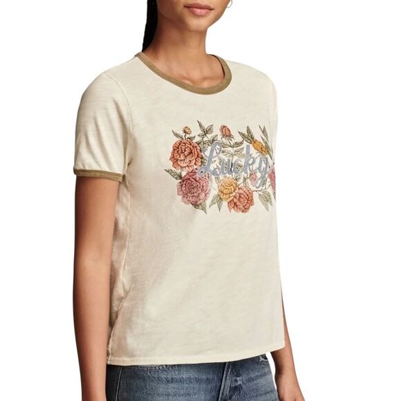 Lucky Brand Antique White Floral Lucky Cotton Ringer Tee Size M, NWOT - Picture 4 of 13